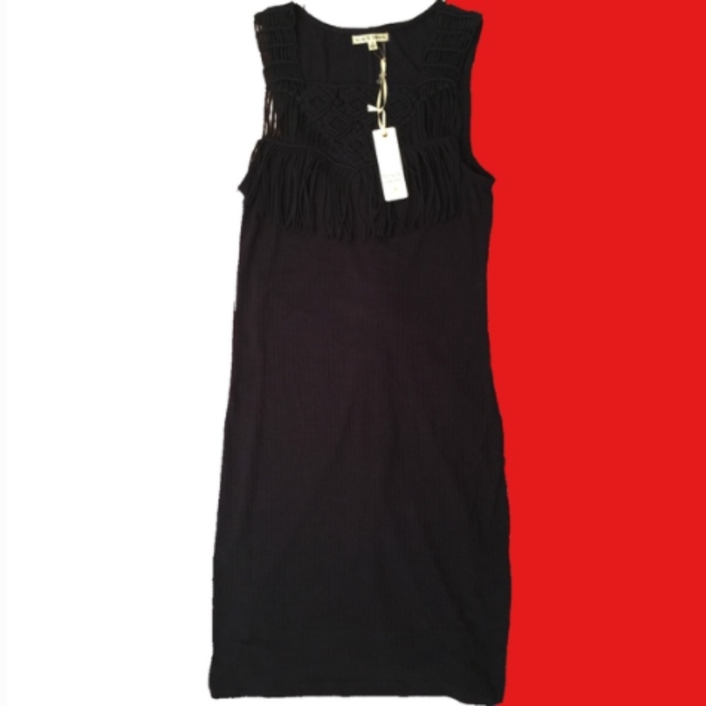 Open-Back Black Swan Fringe Crochet Calli Dress S